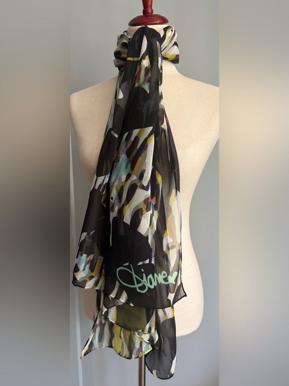 Diane Von Furstenberg Vintage Yellow and Multi-Color Abstract Silk Scarf - Picture 5 of 7